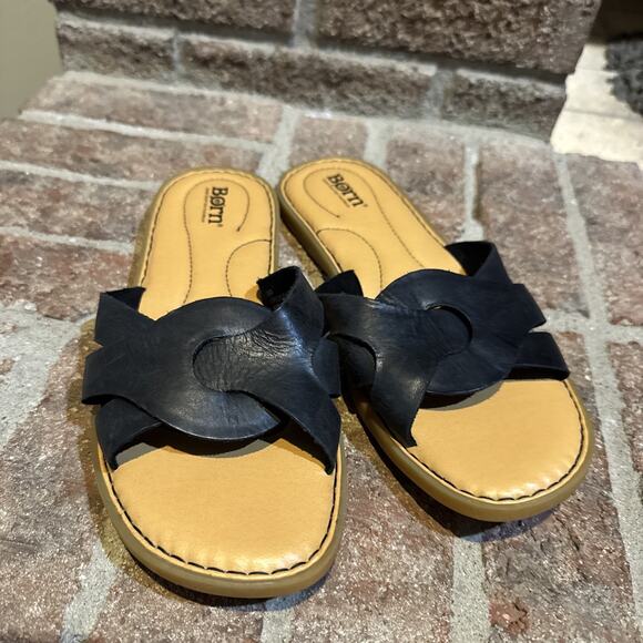 Born Kasia Slide Womens Size 9 Shoes Black Leather Slip On Casual Flat Sandals - Picture 1 of 15